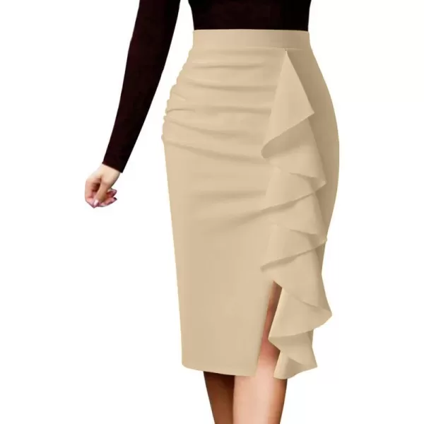 VFSHOW Women Elegant Ruched Ruffle Slit Work Business Party Pencil SkirtBeige