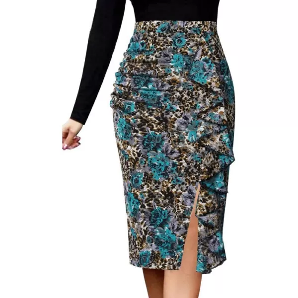 VFSHOW Women Elegant Ruched Ruffle Slit Work Business Party Pencil SkirtLace With Blue Leopard Floral Print