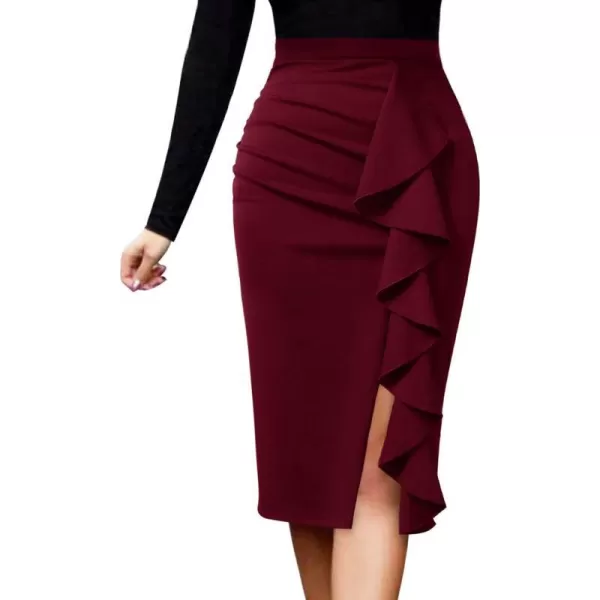 VFSHOW Women Elegant Ruched Ruffle Slit Work Business Party Pencil SkirtNew Dark Red