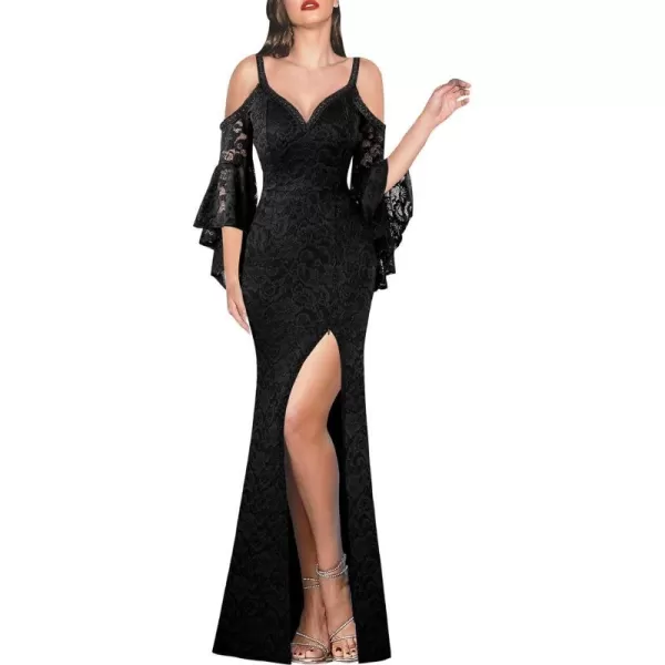 VFSHOW Women Floral Lace Beaded V Neck Bell Sleeve Prom Formal Maxi Dress 2023 Sexy Cold Shoulder High Slit Long Evening GownBlack Floral Lace2