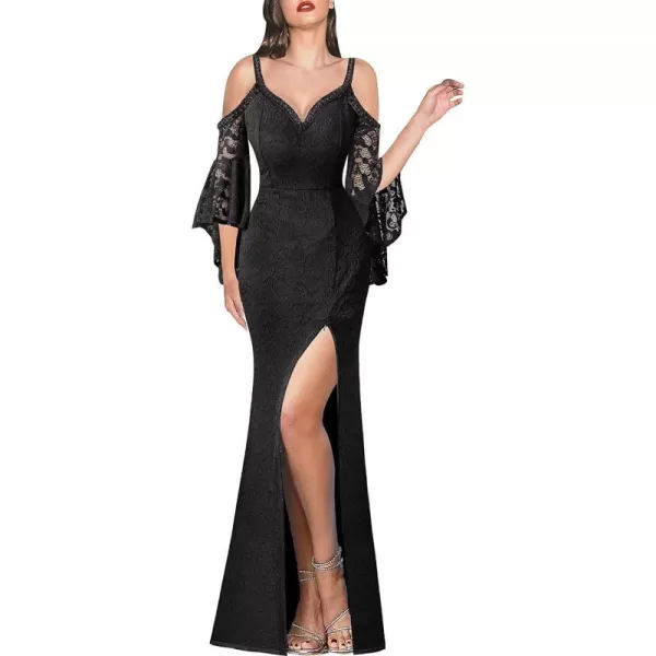 VFSHOW Women Floral Lace Beaded V Neck Bell Sleeve Prom Formal Maxi Dress 2023 Sexy Cold Shoulder High Slit Long Evening GownBlack Lace