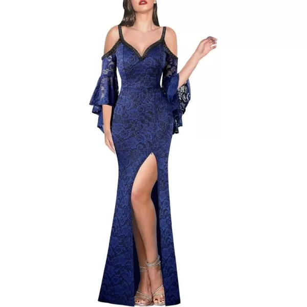 VFSHOW Women Floral Lace Beaded V Neck Bell Sleeve Prom Formal Maxi Dress 2023 Sexy Cold Shoulder High Slit Long Evening GownBlue Floral Lace