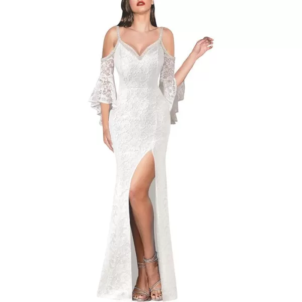 VFSHOW Women Floral Lace Beaded V Neck Bell Sleeve Prom Formal Maxi Dress 2023 Sexy Cold Shoulder High Slit Long Evening GownOffwhite Lace