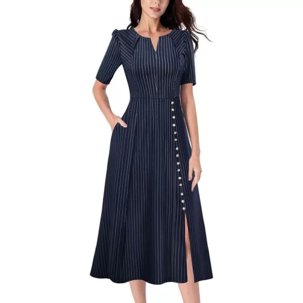 VFSHOW Women Pleated Neck Pockets Buttons Work Office Business ALine Midi DressBlue Striped Short Sleeve2