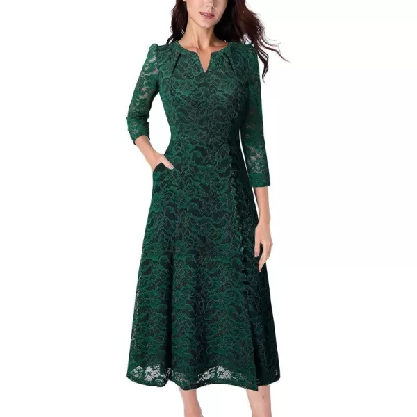 VFSHOW Women Pleated Neck Pockets Buttons Work Office Business ALine Midi DressDark Green Floral Lace