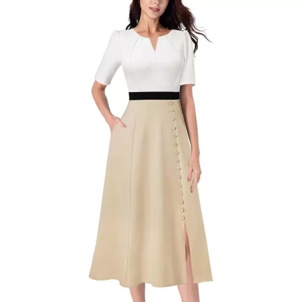 VFSHOW Women Pleated Neck Pockets Buttons Work Office Business ALine Midi DressOffwhiteblackbeige