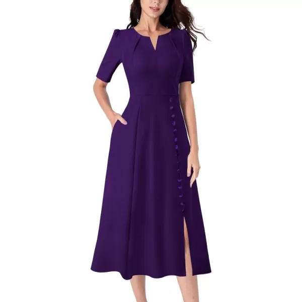 VFSHOW Women Pleated Neck Pockets Buttons Work Office Business ALine Midi DressPurple Short Sleeve2