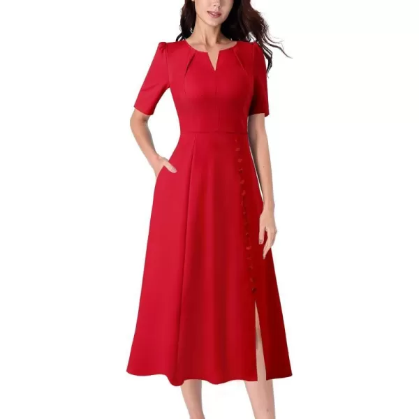 VFSHOW Women Pleated Neck Pockets Buttons Work Office Business ALine Midi DressRed Short Sleeve2