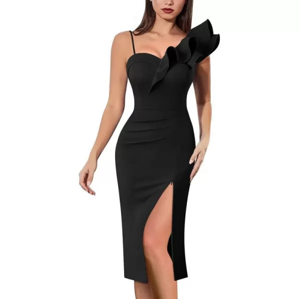 VFSHOW Women Ruffle One Shoulder Strap Ruched Cocktail High Slit Bodycon Dress Sexy Sweetheart Neck Short Wedding Guest DressSolid Black