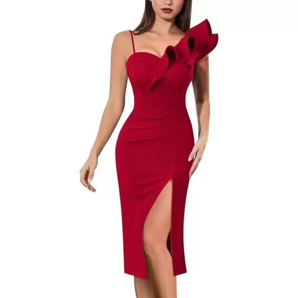 VFSHOW Women Ruffle One Shoulder Strap Ruched Cocktail High Slit Bodycon Dress Sexy Sweetheart Neck Short Wedding Guest DressSolid Red