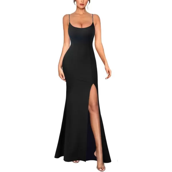 VFSHOW Womens 2023 Sexy Summer Bodycon Fitted Beach Party Cami Maxi Long Night Out Spaghetti Strap High Slit Plain DressBlack