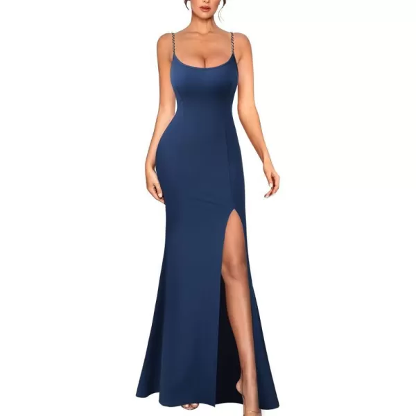 VFSHOW Womens 2023 Sexy Summer Bodycon Fitted Beach Party Cami Maxi Long Night Out Spaghetti Strap High Slit Plain DressDark Blue