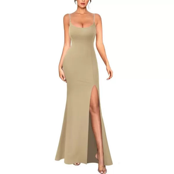 VFSHOW Womens 2023 Sexy Summer Bodycon Fitted Beach Party Cami Maxi Long Night Out Spaghetti Strap High Slit Plain DressKhaki