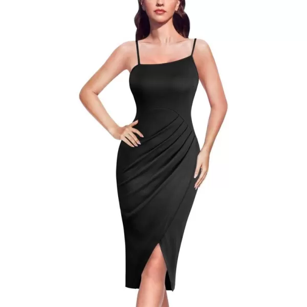 VFSHOW Womens 2023 Sexy Summer Ruched Club Party Casual Fitted Bodycon Cami Midi Spaghetti Strap Beach Faux Wrap Slit DressBlack