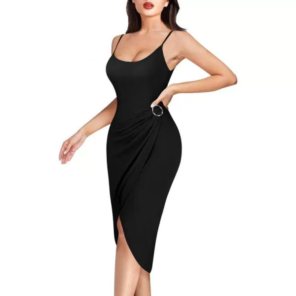 VFSHOW Womens 2023 Sexy Summer Ruched Party Beach Club Casual Fitted Bodycon Spaghetti Strap Scoop Neck Slit Cami Midi DressBlack