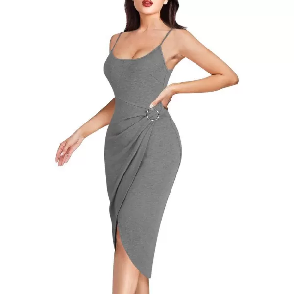 VFSHOW Womens 2023 Sexy Summer Ruched Party Beach Club Casual Fitted Bodycon Spaghetti Strap Scoop Neck Slit Cami Midi DressGrey