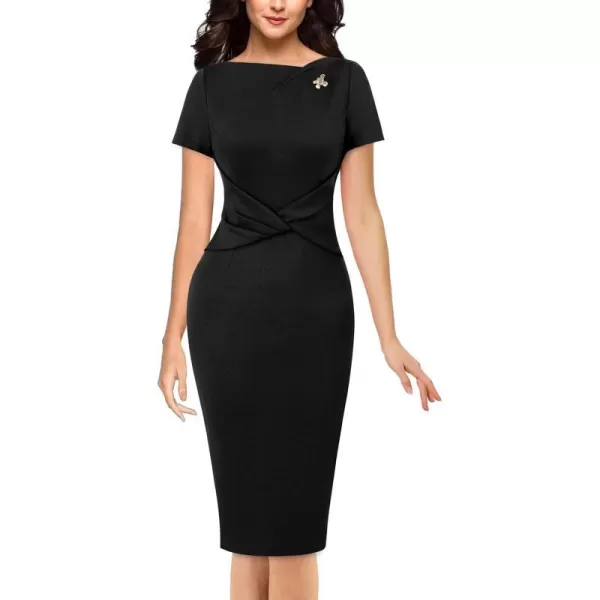 VFSHOW Womens 2024 Business Asymmetric Neck Criss Cross Pleated Metal Embellishment Work Office Church Slim Bodycon DressBlack