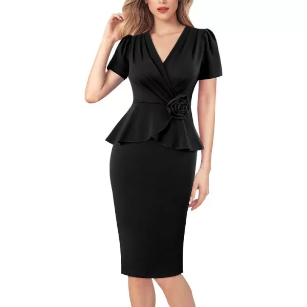 VFSHOW Womens 2024 Business Work Office 3D Flower Pleated Puff Sleeve Faux Wrap V Neck Slim Bodycon Pencil DressBlack