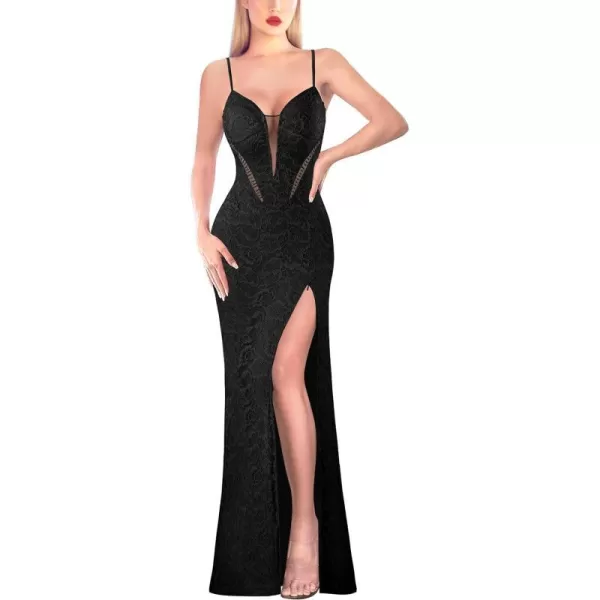 VFSHOW Womens 2024 Formal Prom Sexy V Neck Maxi Long Dress Spaghetti Strap Ball Gala Evening GownBlack Lace