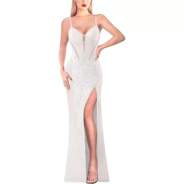 VFSHOW Womens 2024 Formal Prom Sexy V Neck Maxi Long Dress Spaghetti Strap Ball Gala Evening GownOff White Lace