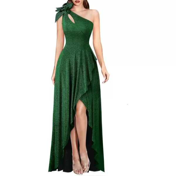 VFSHOW Womens 3D Flower One Shoulder Prom Formal Wedding Guest ALine Maxi Dress 2023 Evening Split Cutout HILO Long GownShiny Green