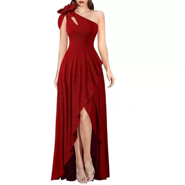 VFSHOW Womens 3D Flower One Shoulder Prom Formal Wedding Guest ALine Maxi Dress 2023 Evening Split Cutout HILO Long GownShiny Red