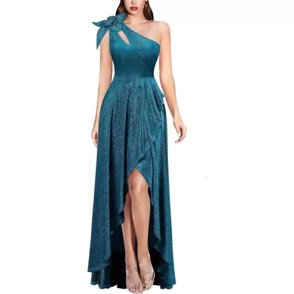 VFSHOW Womens 3D Flower One Shoulder Prom Formal Wedding Guest ALine Maxi Dress 2023 Evening Split Cutout HILO Long GownShiny Teal Blue