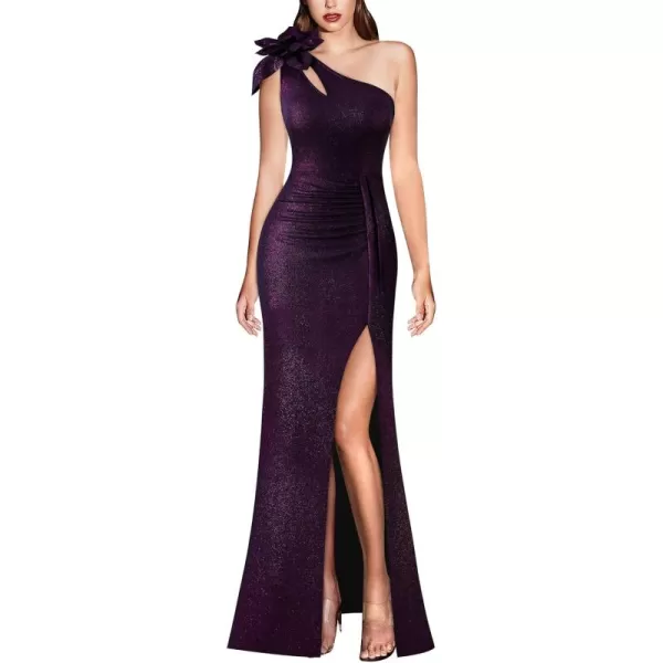 VFSHOW Womens 3D Flower One Shoulder Ruched Prom Formal Wedding Guest Maxi Dress 2023 Sexy Cocktail Split Cutout Evening GownBlack With Purple Metallic Stitching