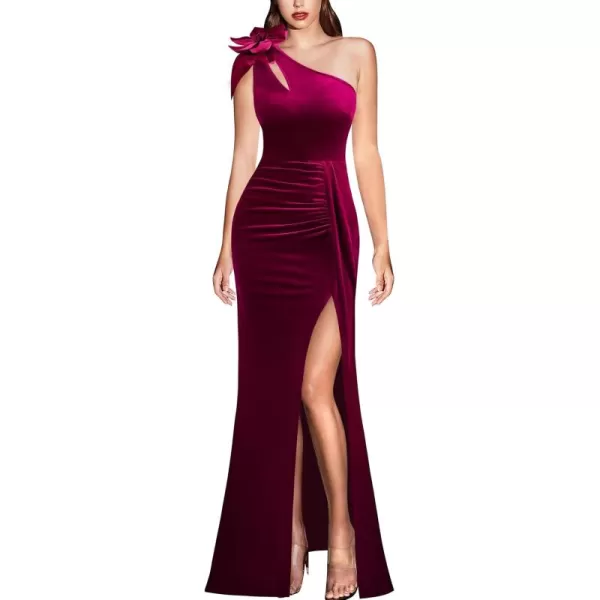 VFSHOW Womens 3D Flower One Shoulder Ruched Prom Formal Wedding Guest Maxi Dress 2023 Sexy Cocktail Split Cutout Evening GownFuchsia Velvet