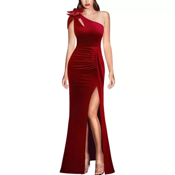 VFSHOW Womens 3D Flower One Shoulder Ruched Prom Formal Wedding Guest Maxi Dress 2023 Sexy Cocktail Split Cutout Evening GownRed Velvet