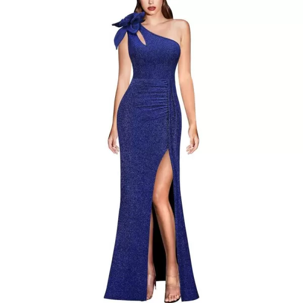 VFSHOW Womens 3D Flower One Shoulder Ruched Prom Formal Wedding Guest Maxi Dress 2023 Sexy Cocktail Split Cutout Evening GownSparkly Blue2