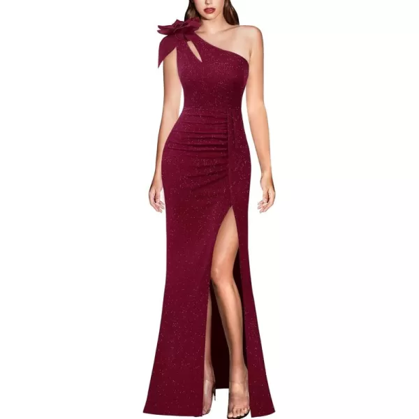 VFSHOW Womens 3D Flower One Shoulder Ruched Prom Formal Wedding Guest Maxi Dress 2023 Sexy Cocktail Split Cutout Evening GownSparkly Dark Red