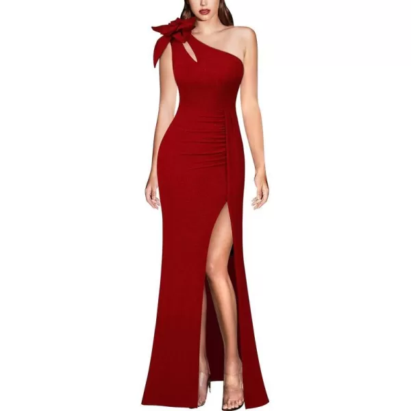 VFSHOW Womens 3D Flower One Shoulder Ruched Prom Formal Wedding Guest Maxi Dress 2023 Sexy Cocktail Split Cutout Evening GownSparkly Red2