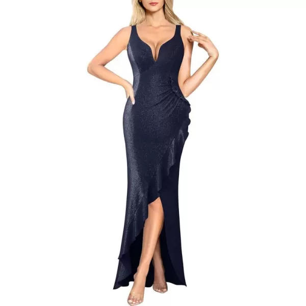 VFSHOW Womens Backless Ruched Ruffle Deep V Neck Formal Prom Wedding Maxi Dress 2023 Spaghetti Strap Sexy Split Evening GownSparkly Navy Blue2