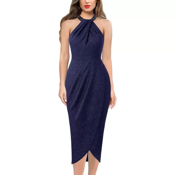 VFSHOW Womens Beaded Halter Neck Twist Front Ruched Wrap Slit Glitter Cocktail Party Night Out Bodycon Midi DressShiny Blue