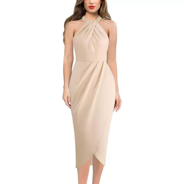 VFSHOW Womens Beaded Halter Neck Twist Front Ruched Wrap Slit Glitter Cocktail Party Night Out Bodycon Midi DressSparkly Beige