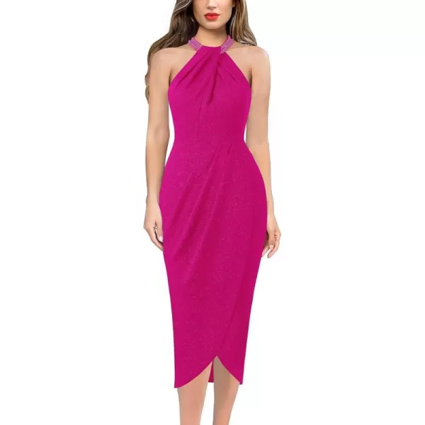 VFSHOW Womens Beaded Halter Neck Twist Front Ruched Wrap Slit Glitter Cocktail Party Night Out Bodycon Midi DressSparkly Hot Pink