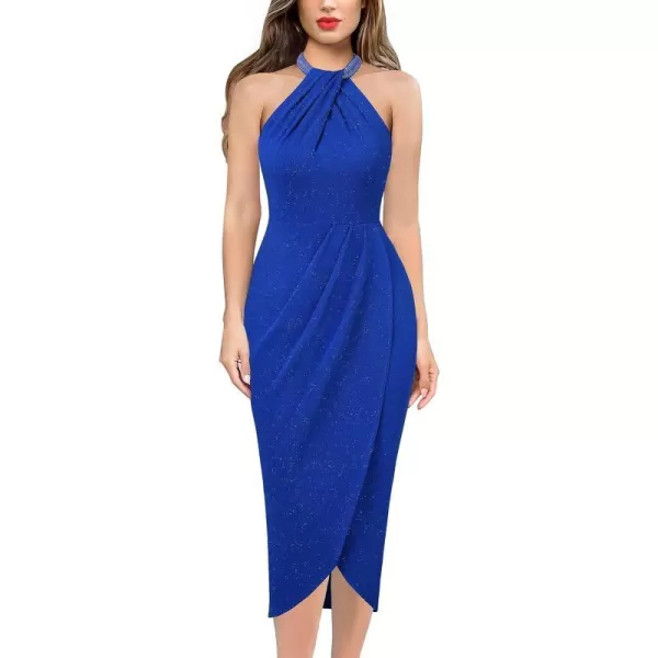 VFSHOW Womens Beaded Halter Neck Twist Front Ruched Wrap Slit Glitter Cocktail Party Night Out Bodycon Midi DressSparkly Royal Blue