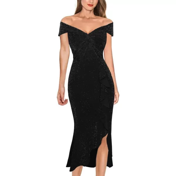 VFSHOW Womens Beaded Off Shoulder V Neck Front Knot Ruffle Slit Cocktail Bridesmaid Midi DressShiny Black