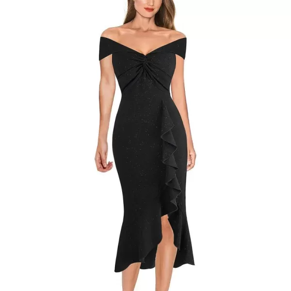 VFSHOW Womens Beaded Off Shoulder V Neck Front Knot Ruffle Slit Cocktail Bridesmaid Midi DressShiny Black2