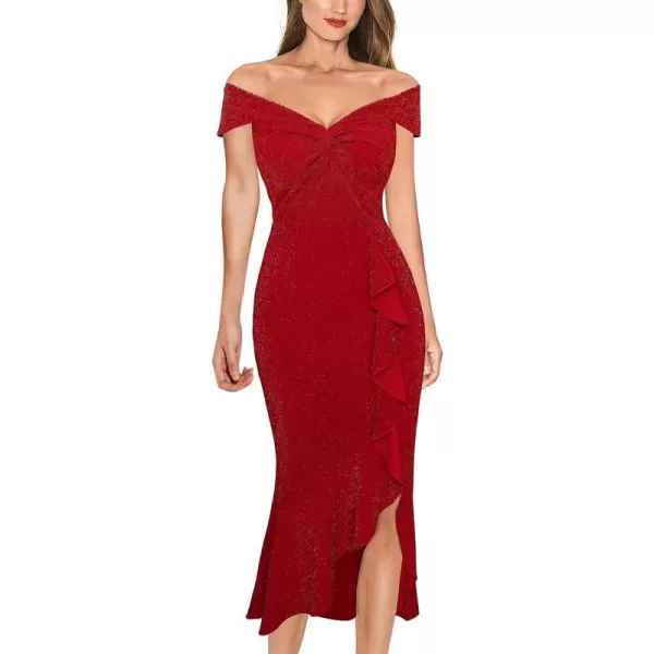 VFSHOW Womens Beaded Off Shoulder V Neck Front Knot Ruffle Slit Cocktail Bridesmaid Midi DressShiny Red