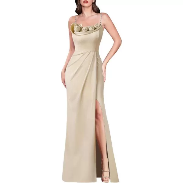 VFSHOW Womens Beaded Spaghetti Strap Ruched High Split Formal Prom Maxi Dress 2023 Sexy 3D Floral Wedding Guest Evening GownSparkly Beige