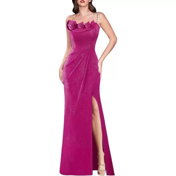 VFSHOW Womens Beaded Spaghetti Strap Ruched High Split Formal Prom Maxi Dress 2023 Sexy 3D Floral Wedding Guest Evening GownSparkly Hot Pink