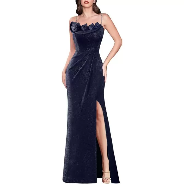 VFSHOW Womens Beaded Spaghetti Strap Ruched High Split Formal Prom Maxi Dress 2023 Sexy 3D Floral Wedding Guest Evening GownSparkly Navy Blue