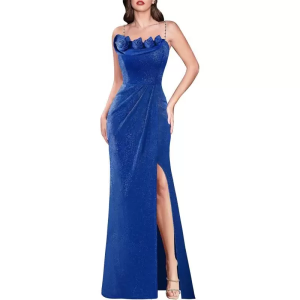 VFSHOW Womens Beaded Spaghetti Strap Ruched High Split Formal Prom Maxi Dress 2023 Sexy 3D Floral Wedding Guest Evening GownSparkly Royal Blue