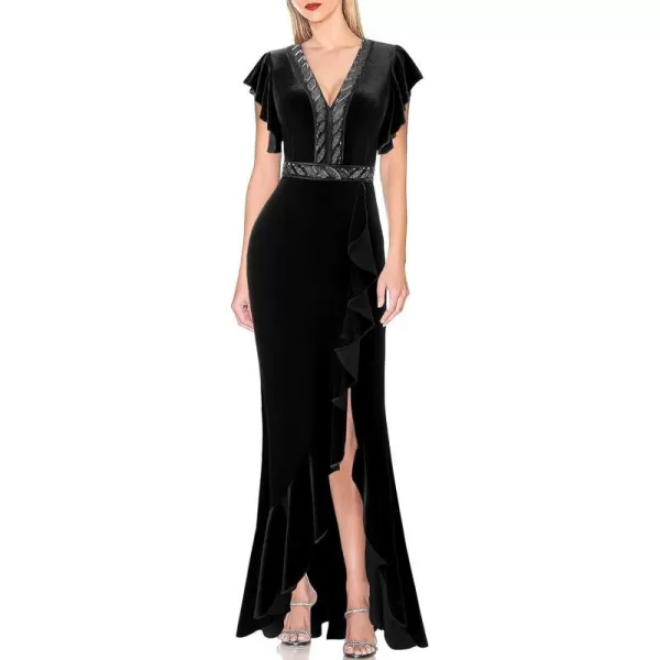 VFSHOW Womens Beaded V Neck Ruffle Sleeve Formal Prom High Split Maxi Dress 2023 Wedding Guest Bridesmaid Evening Long GownBlack Velvet