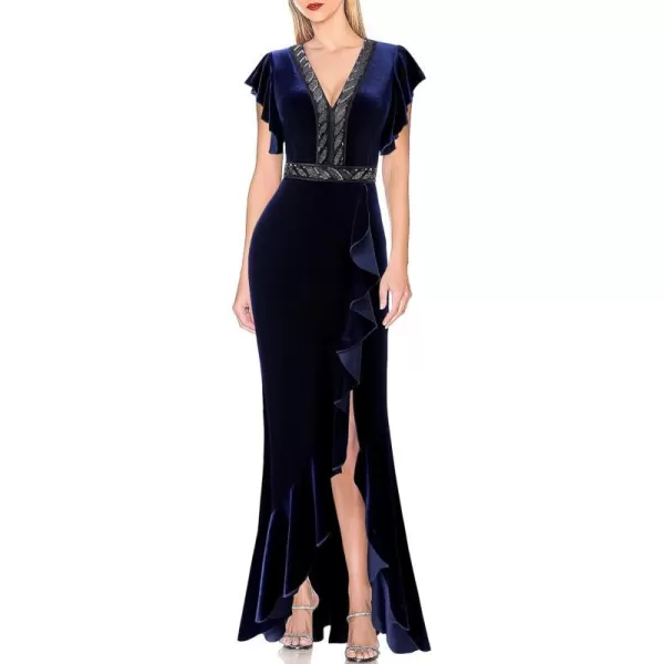 VFSHOW Womens Beaded V Neck Ruffle Sleeve Formal Prom High Split Maxi Dress 2023 Wedding Guest Bridesmaid Evening Long GownBlue Velvet