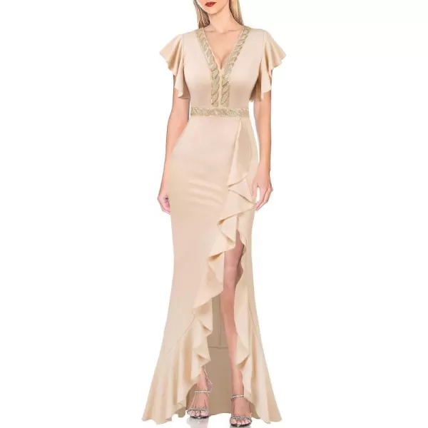 VFSHOW Womens Beaded V Neck Ruffle Sleeve Formal Prom High Split Maxi Dress 2023 Wedding Guest Bridesmaid Evening Long GownSparkly Beige