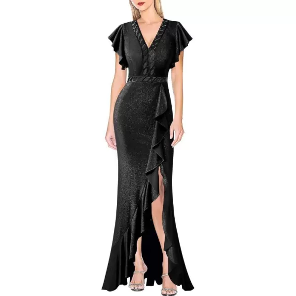 VFSHOW Womens Beaded V Neck Ruffle Sleeve Formal Prom High Split Maxi Dress 2023 Wedding Guest Bridesmaid Evening Long GownSparkly Black2