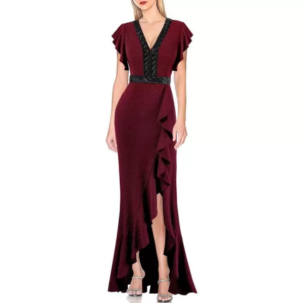 VFSHOW Womens Beaded V Neck Ruffle Sleeve Formal Prom High Split Maxi Dress 2023 Wedding Guest Bridesmaid Evening Long GownSparkly Claret Red